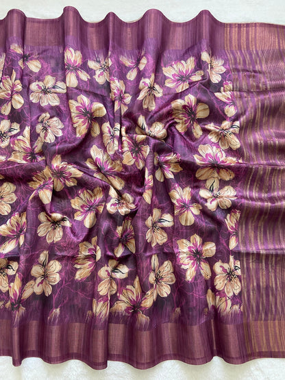 Plum Tussar Silk Blossom Print Saree