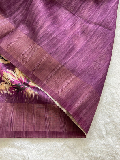 Plum Tussar Silk Blossom Print Saree