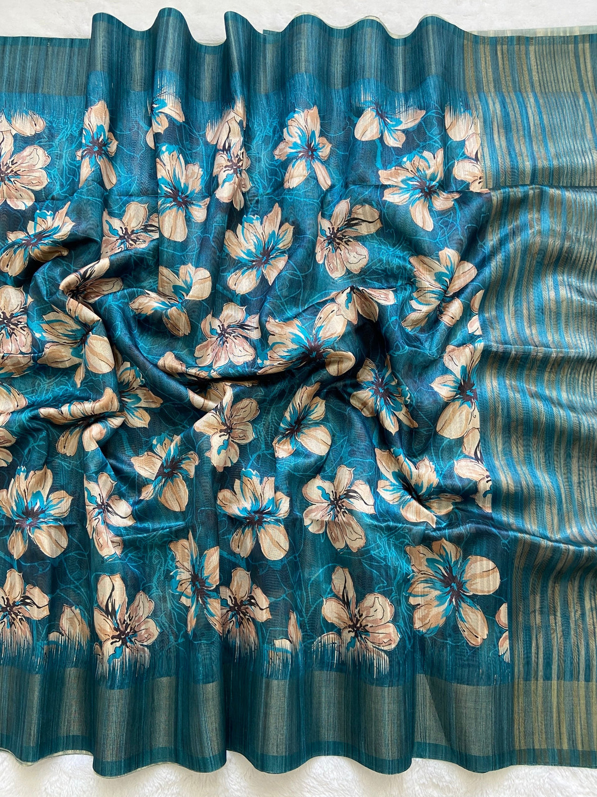 Teal Blue Tussar Silk Blossom Print Saree