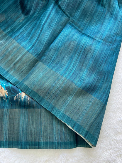 Teal Blue Tussar Silk Blossom Print Saree