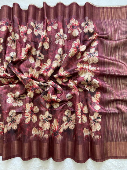 Maroon Tussar Silk Blossom Print Saree