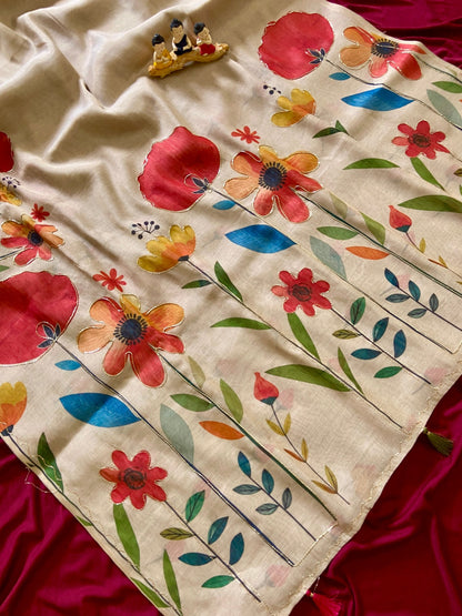 Cream Tissue Silk Floral Print Saree with Aari Pallu