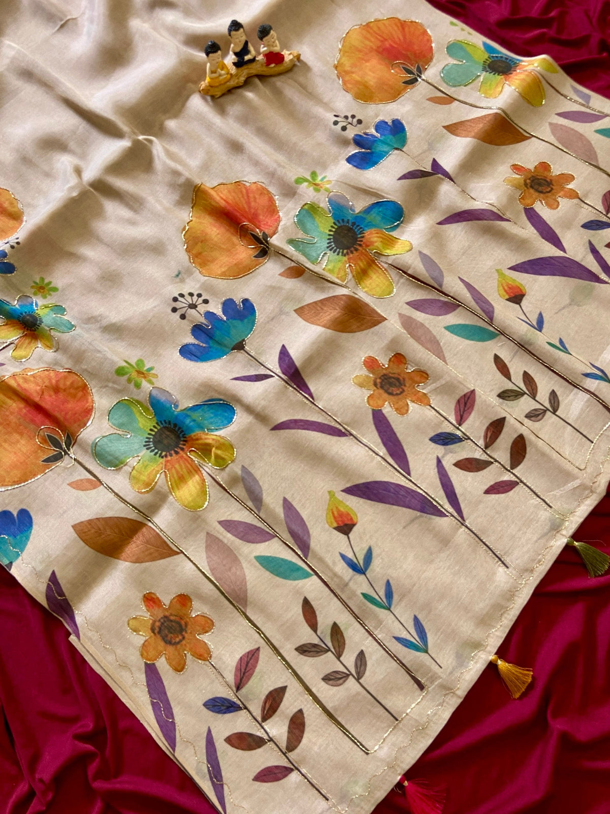 Cream Tissue Silk Floral Print Saree with Aari Pallu