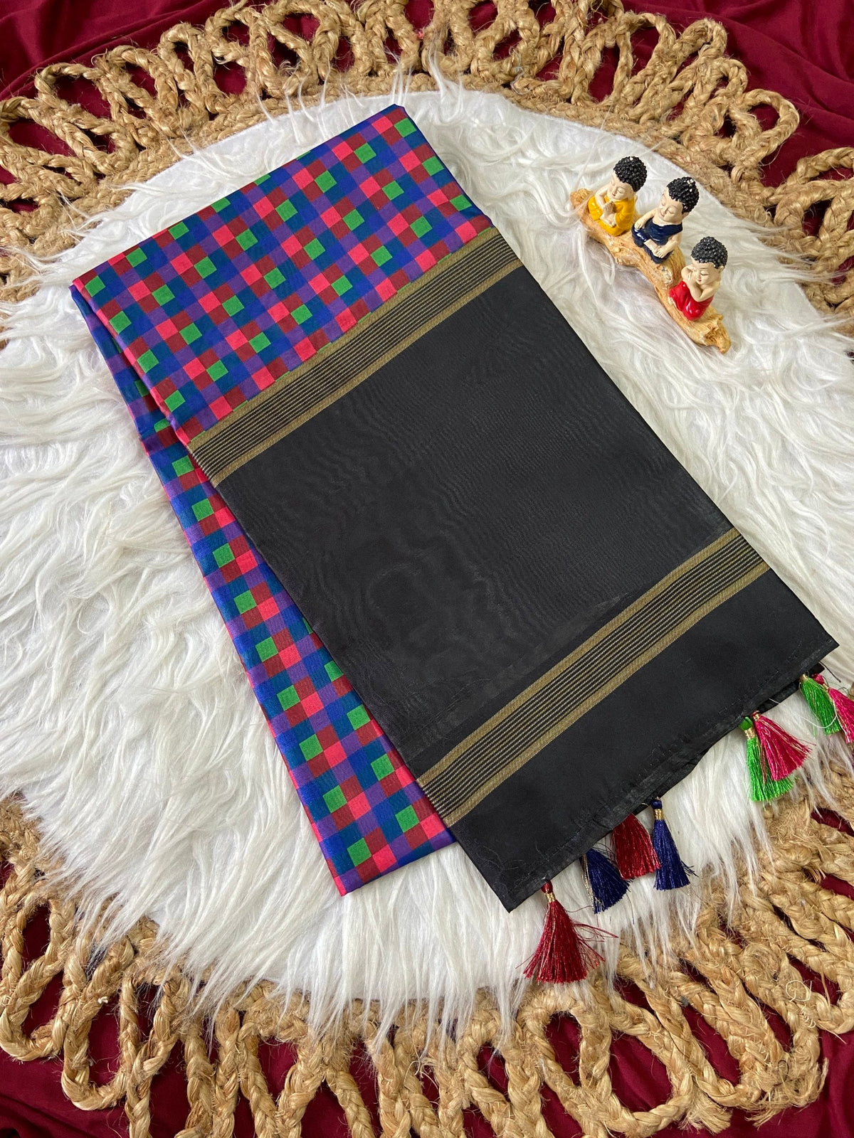 Black and Blue Tussar Silk Check Pallu Saree