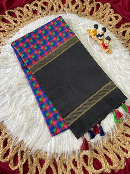 Black and Blue Tussar Silk Check Pallu Saree