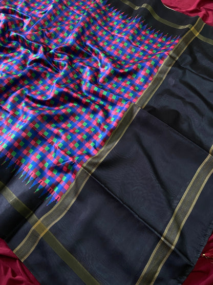 Black and Blue Tussar Silk Check Pallu Saree