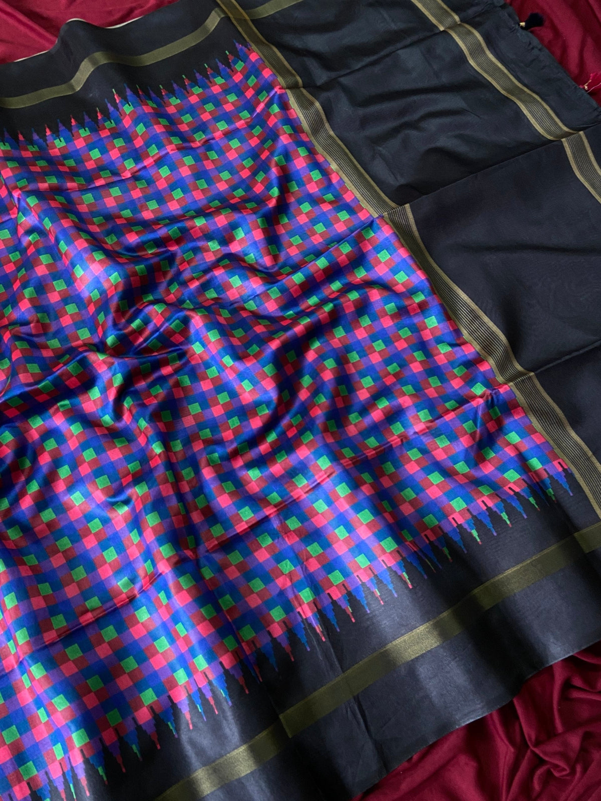Black and Blue Tussar Silk Check Pallu Saree