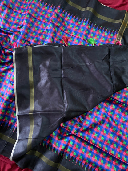 Black and Blue Tussar Silk Check Pallu Saree
