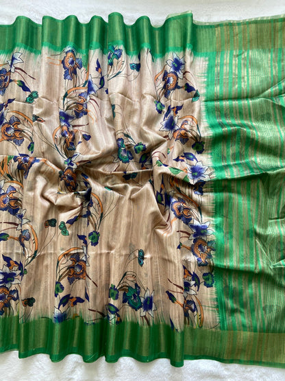 Green Tussar Silk Printed Saree with Zari Border