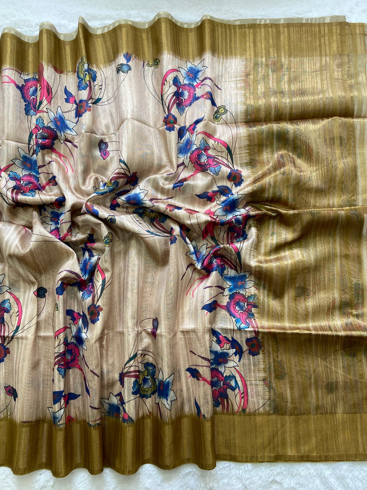 Olive Tussar Silk Printed Saree with Zari Border