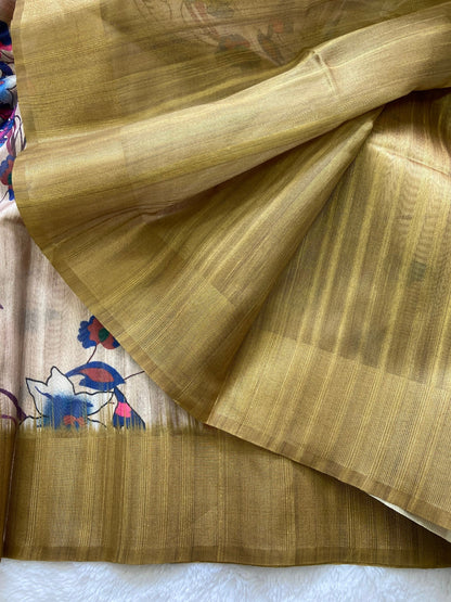 Olive Tussar Silk Printed Saree with Zari Border