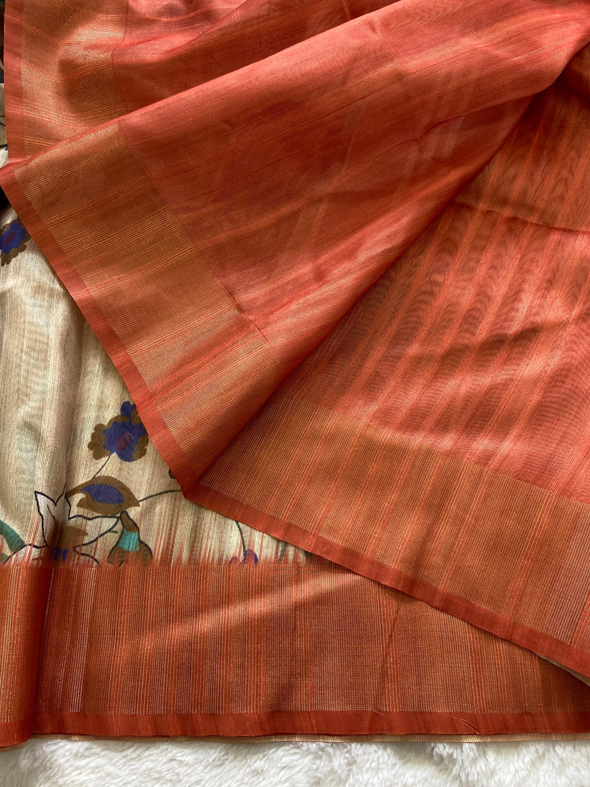 Orange Tussar Silk Printed Saree with Zari Border