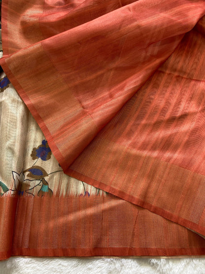 Orange Tussar Silk Printed Saree with Zari Border