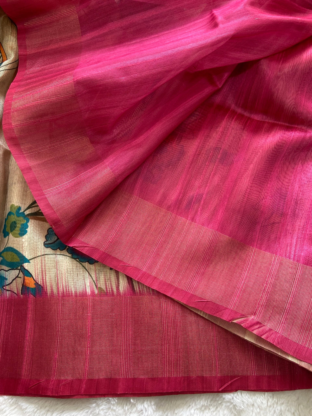 Rani Pink Tussar Silk Printed Saree with Zari Border
