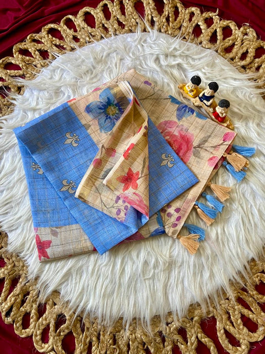 Blue Linen Rose Print Saree with Zari Border