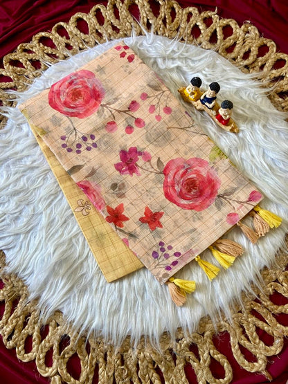 Lemon Yellow Linen Rose Print Saree with Zari Border