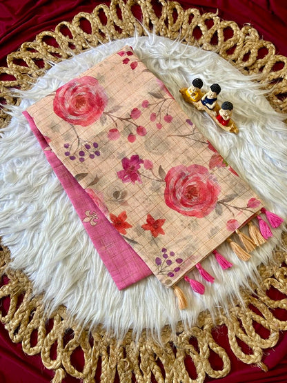 Pink Linen Rose Print Saree with Zari Border