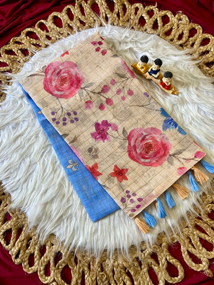 Blue Linen Rose Print Saree with Zari Border