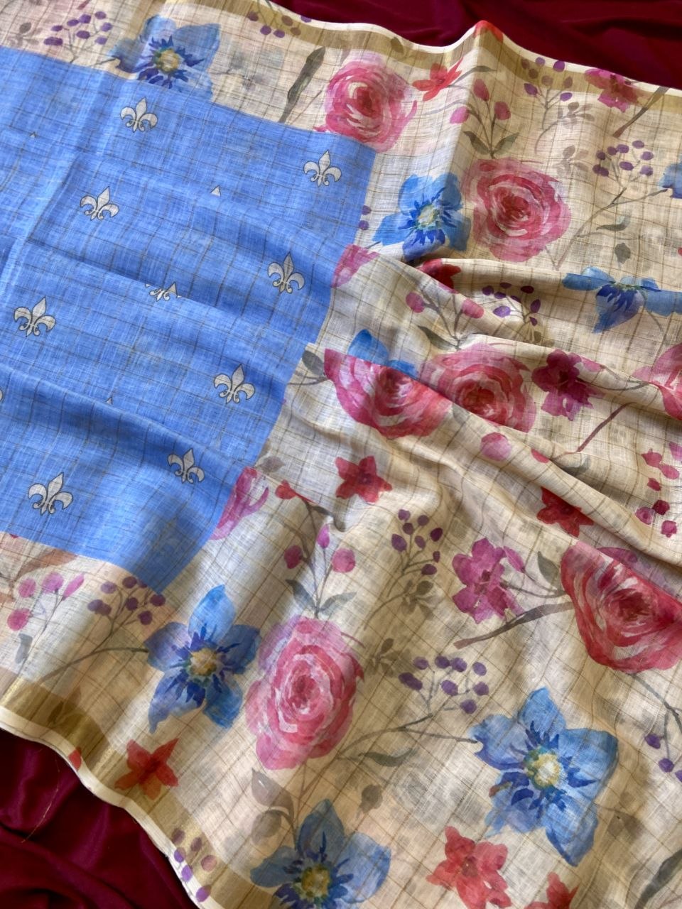 Blue Linen Rose Print Saree with Zari Border