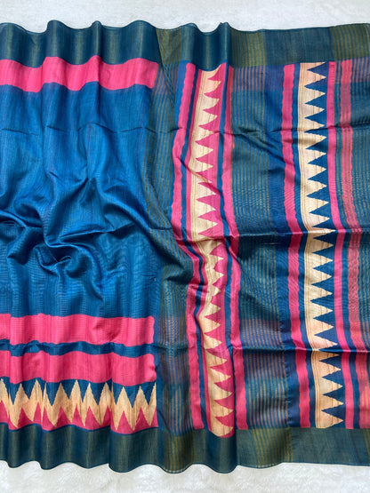 Navy and Pink Tussar Silk Temple Border Saree