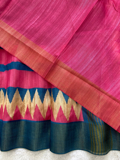 Navy and Pink Tussar Silk Temple Border Saree