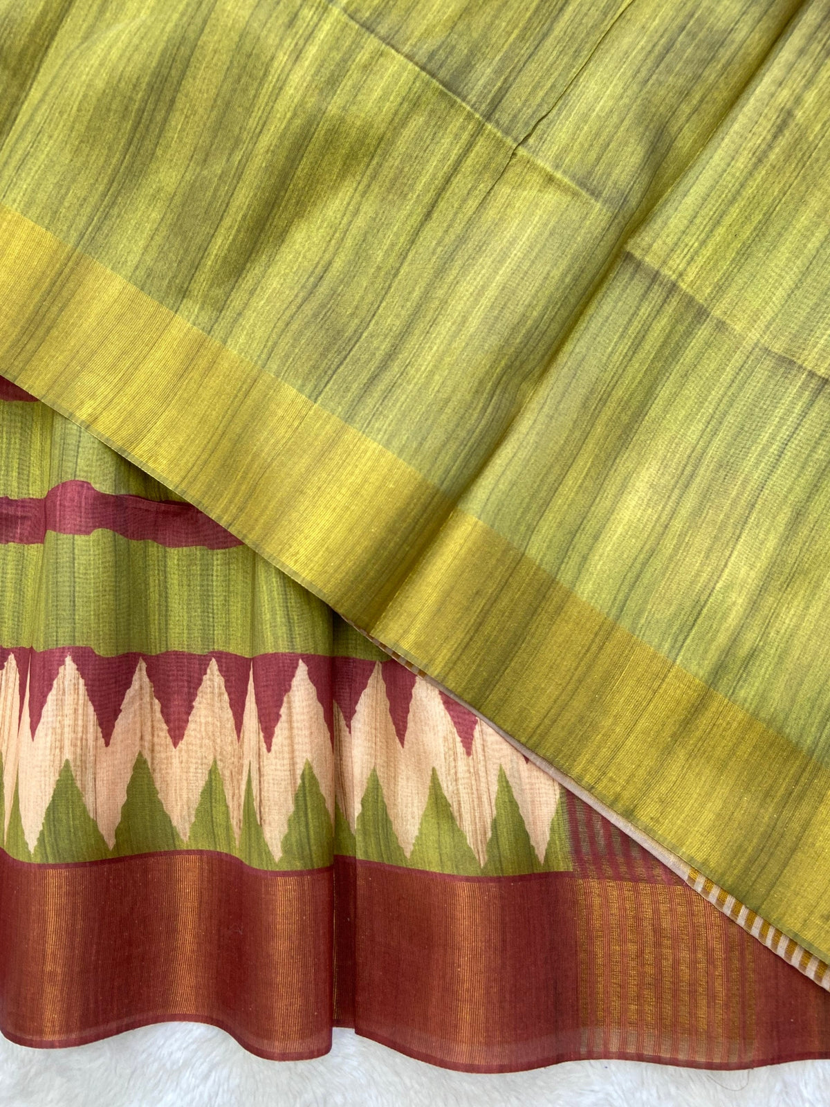 Maroon and Lime Tussar Silk Temple Border Saree