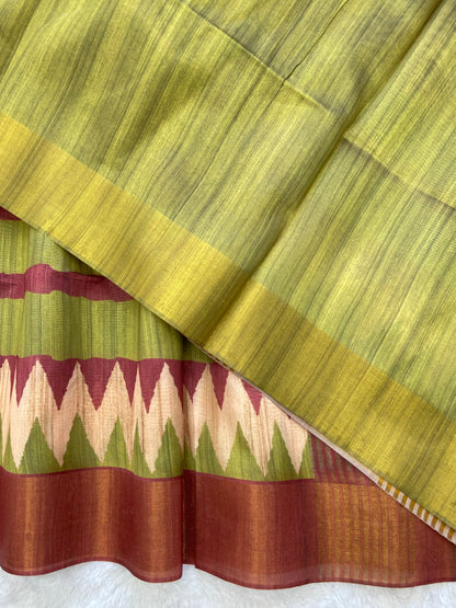 Maroon and Lime Tussar Silk Temple Border Saree
