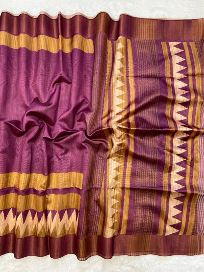 Wine and Mustard Tussar Silk Temple Border Saree