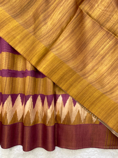 Wine and Mustard Tussar Silk Temple Border Saree