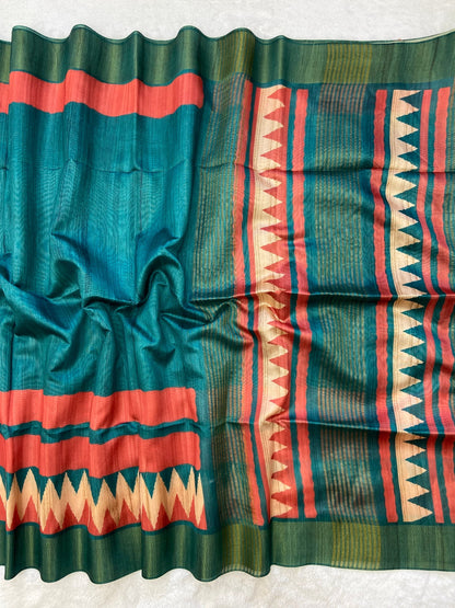 Teal and Coral Tussar Silk Temple Border Saree