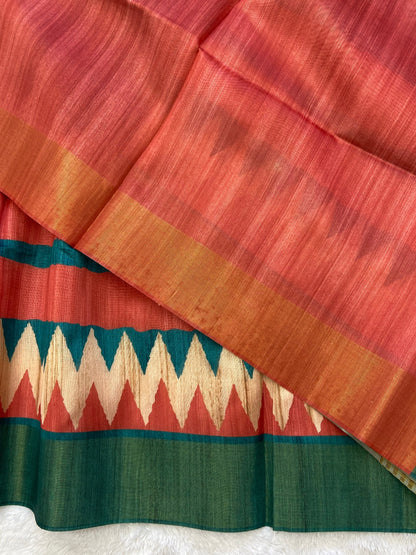 Teal and Coral Tussar Silk Temple Border Saree