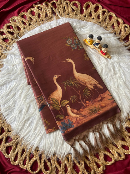 Coffee Brown Tussar Silk Crane Print Saree