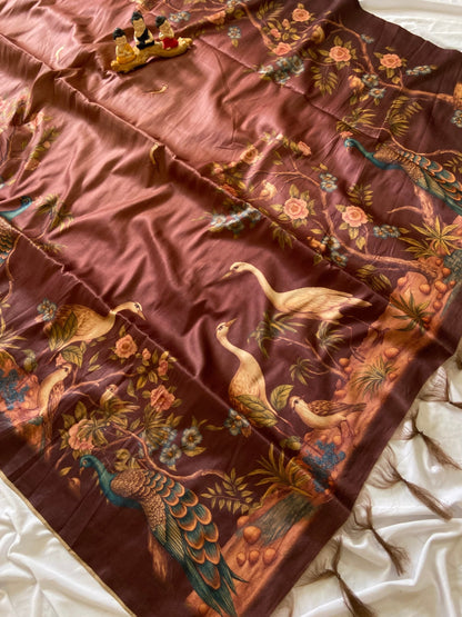 Coffee Brown Tussar Silk Crane Print Saree