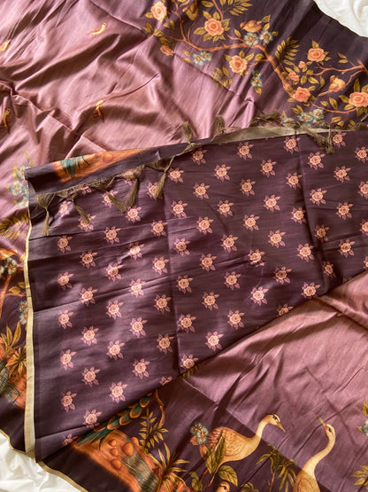 Wine Tussar Silk Crane Print Saree