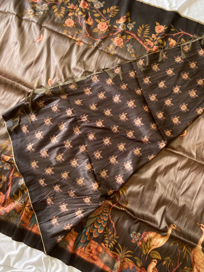 Grey Tussar Silk Crane Print Saree