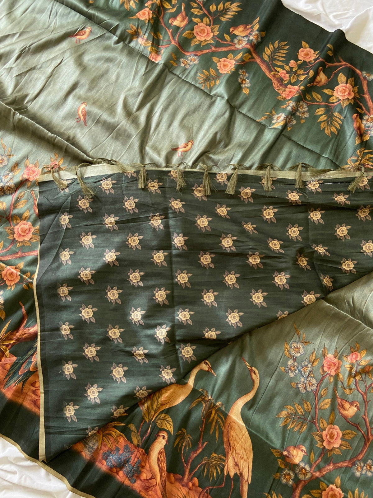 Bottle Green Tussar Silk Crane Print Saree