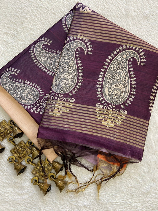 Purple Tussar Silk Paisley Border Saree