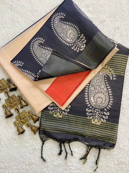 Grey Tussar Silk Paisley Border Saree