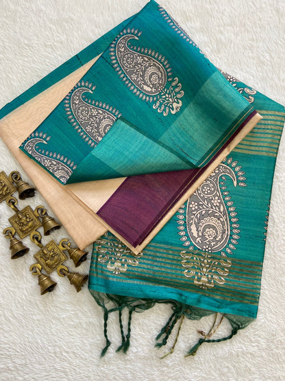 Teal Tussar Silk Paisley Border Saree