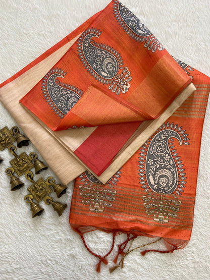 Orange Tussar Silk Paisley Border Saree