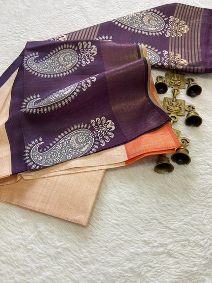 Purple Tussar Silk Paisley Border Saree