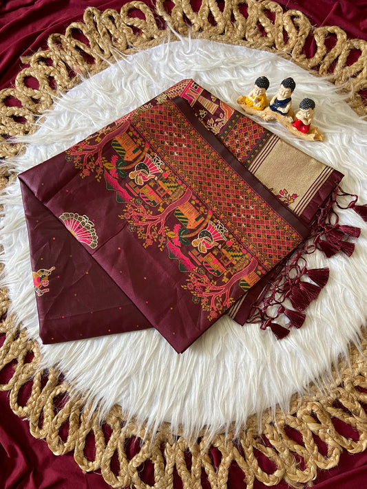 Wine Pashmina Silk Zari Woven Saree