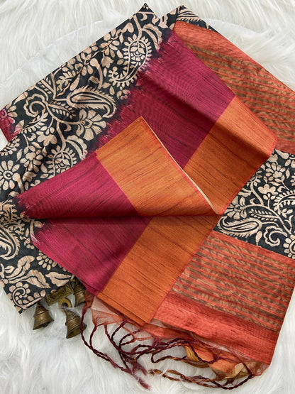Maroon and Orange Tussar Silk Colour Block Saree