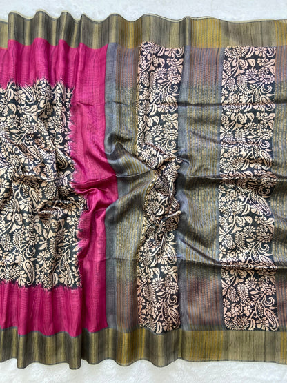 Pink and Grey Tussar Silk Colour Block Saree