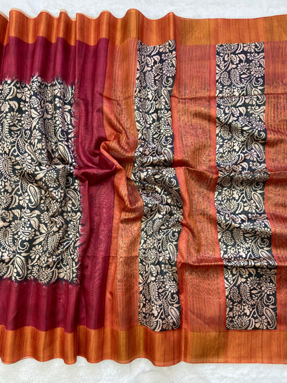 Maroon and Orange Tussar Silk Colour Block Saree