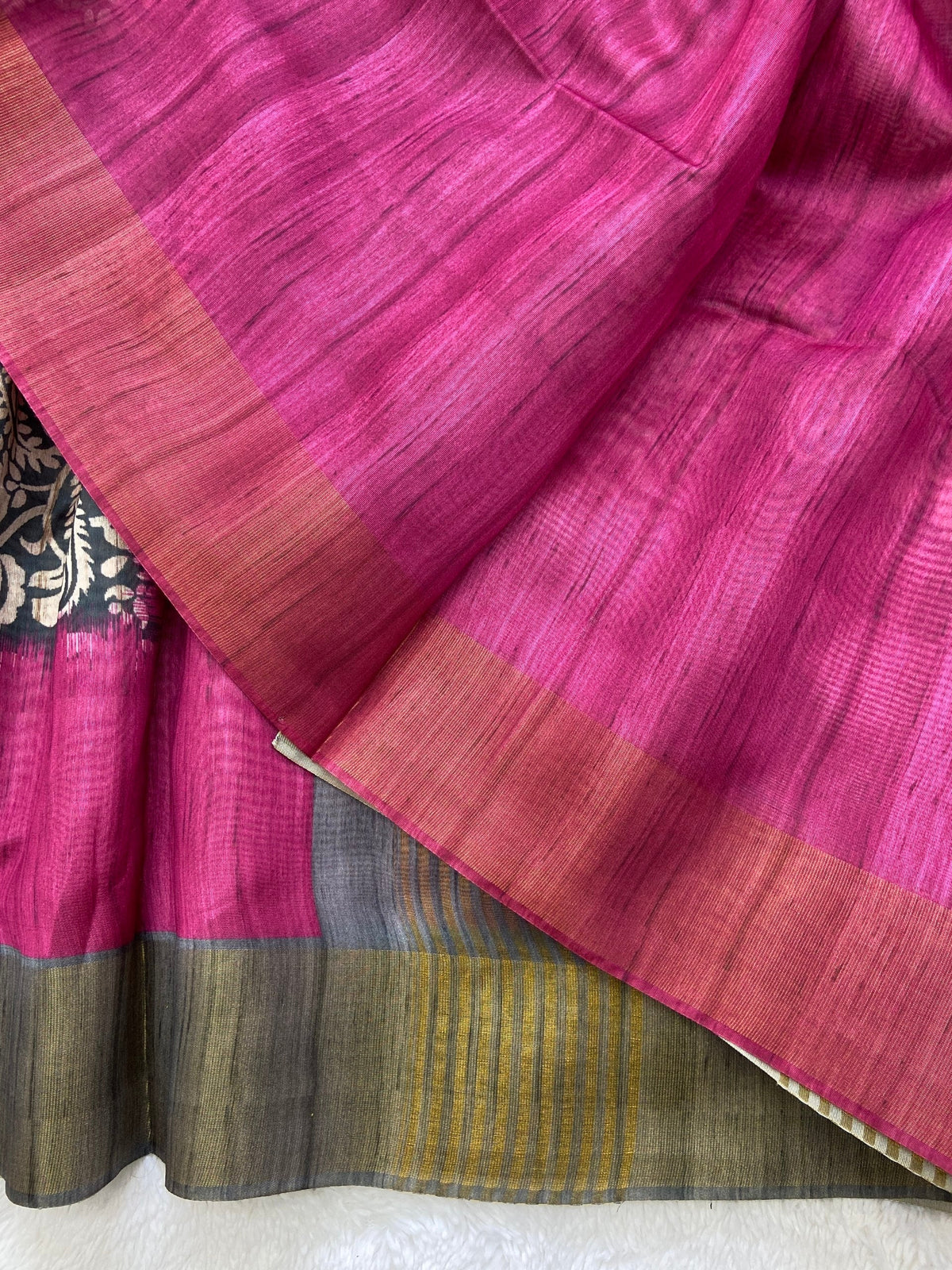 Pink and Grey Tussar Silk Colour Block Saree