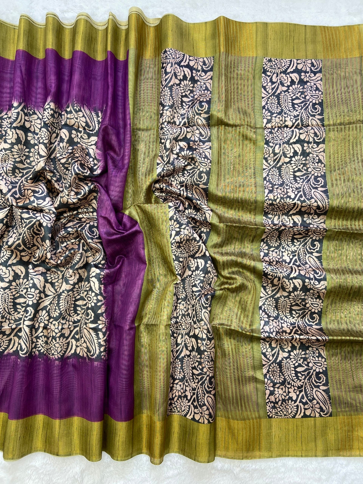 Purple and Olive Tussar Silk Colour Block Saree