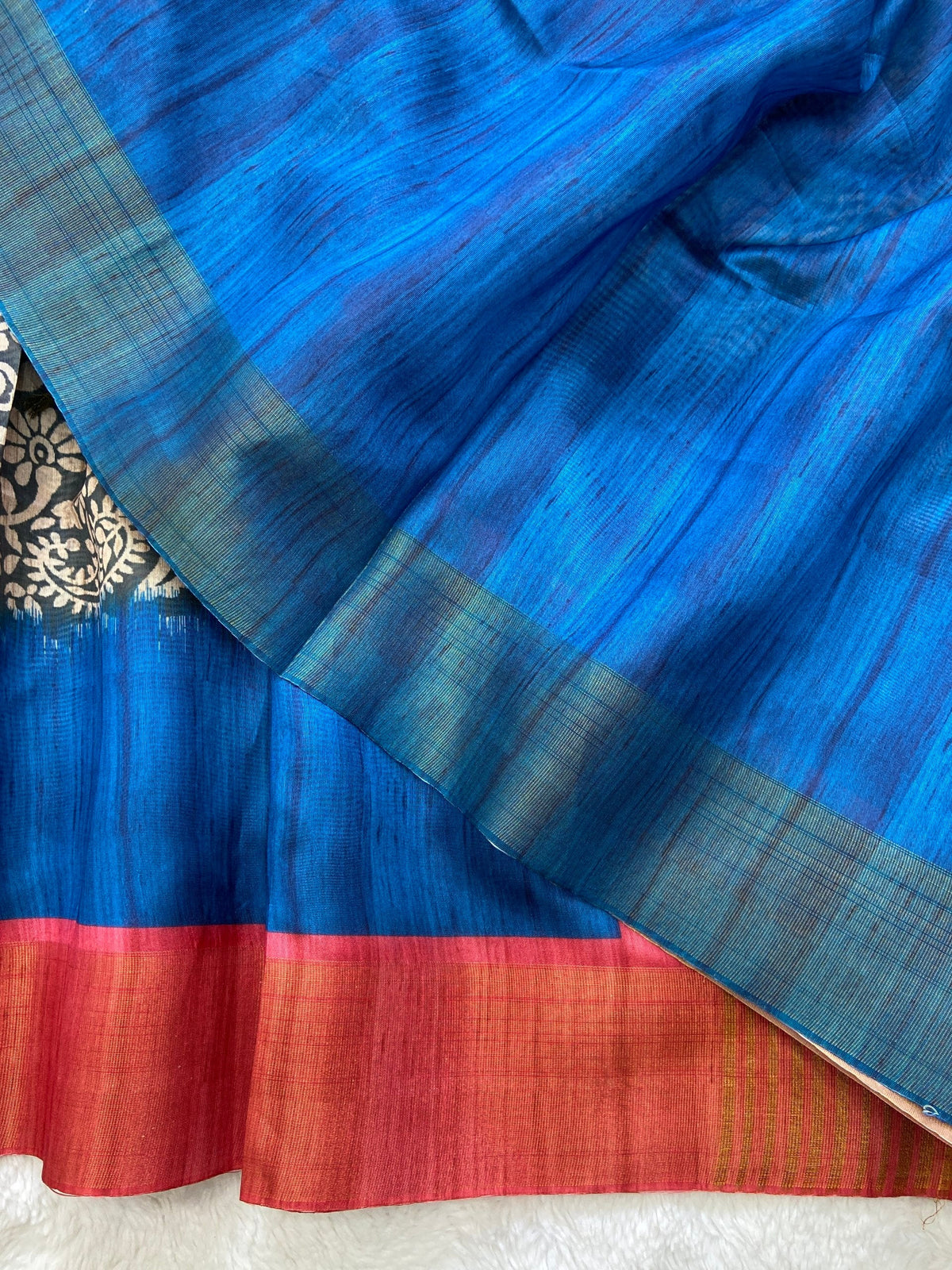 Blue and Orange Tussar Silk Colour Block Saree