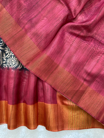 Maroon and Orange Tussar Silk Colour Block Saree