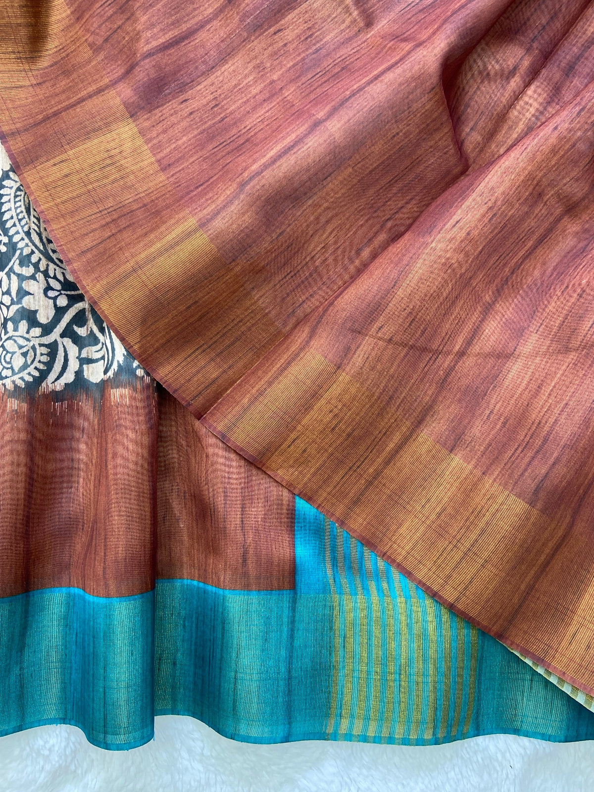 Rust and Teal Tussar Silk Colour Block Saree